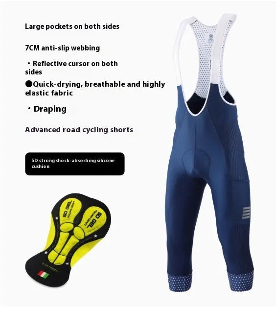Black shock-absorbing cycling pants with seven-inch length and double pockets for road and mountain biking
