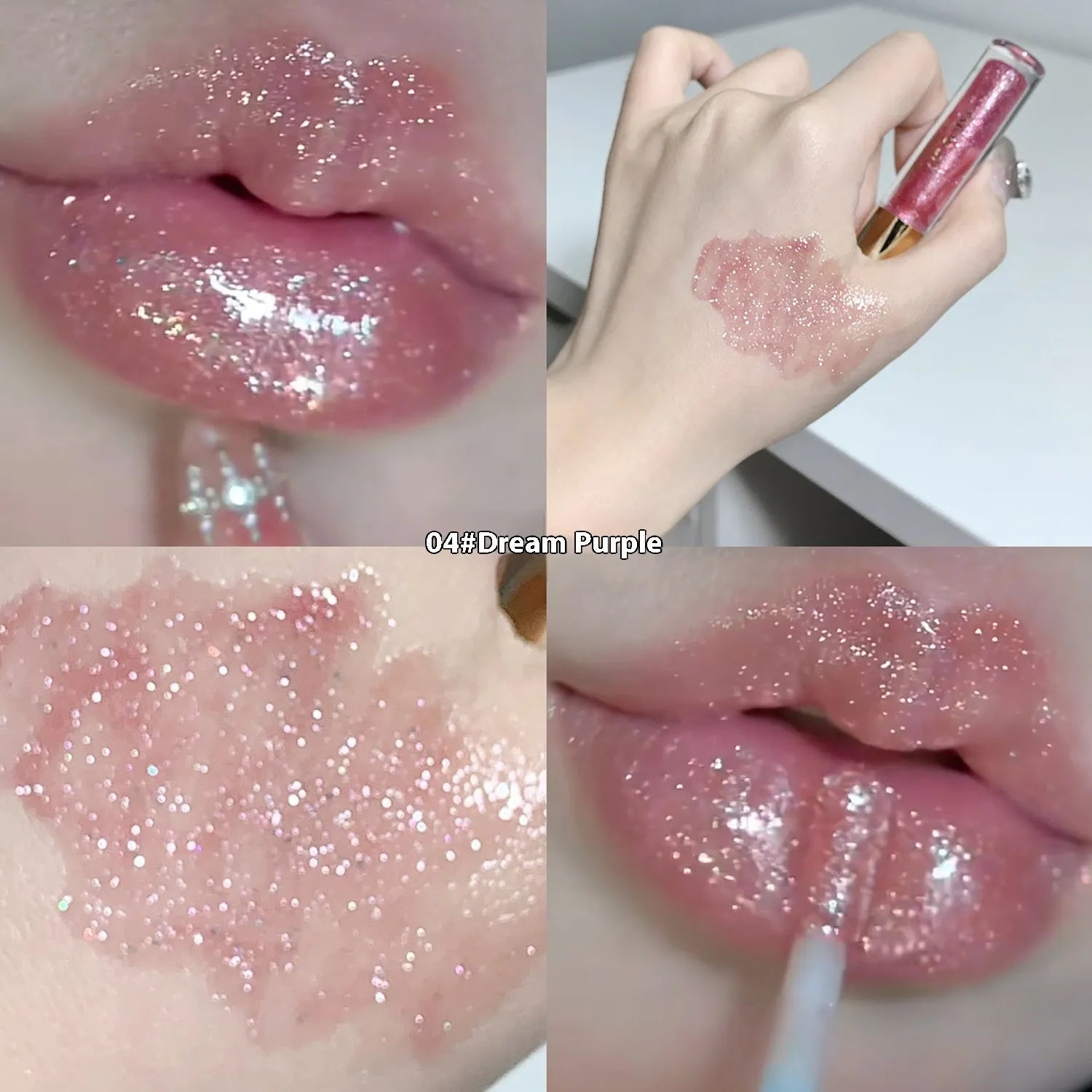 Shanuo Flash Lip Gloss in five colours: cherry blossom pink, gold flash, peach, purple, and berry red.