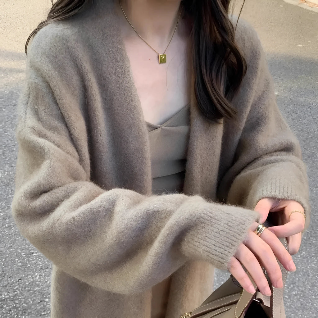 Gentle thickened knitted cardigan coat for women, shoulder strap style, Ice Silk fabric, beige colour, open front