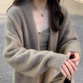 Gentle thickened knitted cardigan coat for women, shoulder strap style, Ice Silk fabric, beige colour, open front