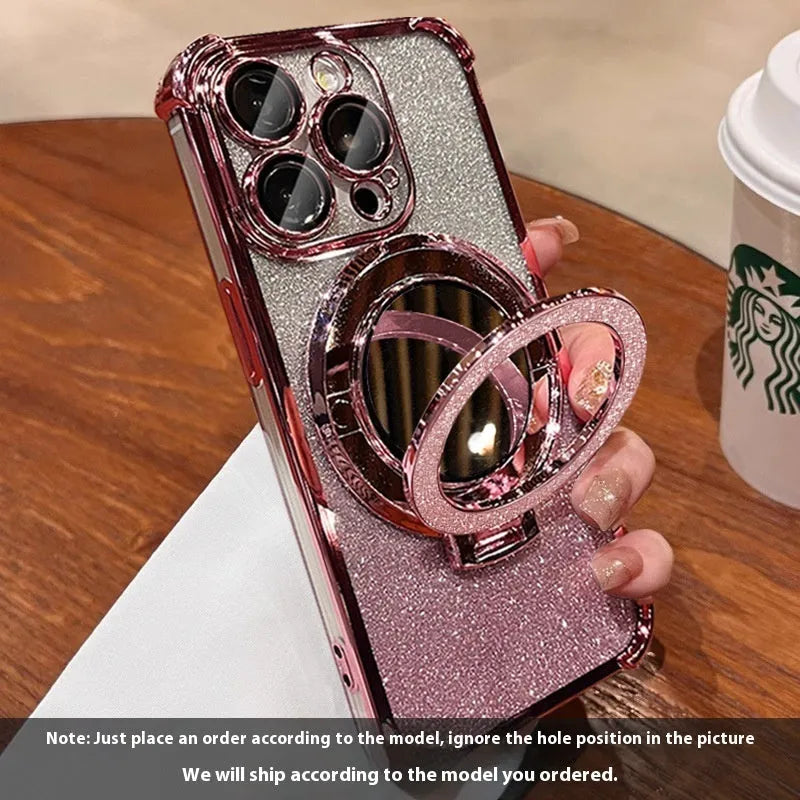 Glitter electroplated drop-resistant phone case for iPhone 16 with folding bracket and mirror finish in black