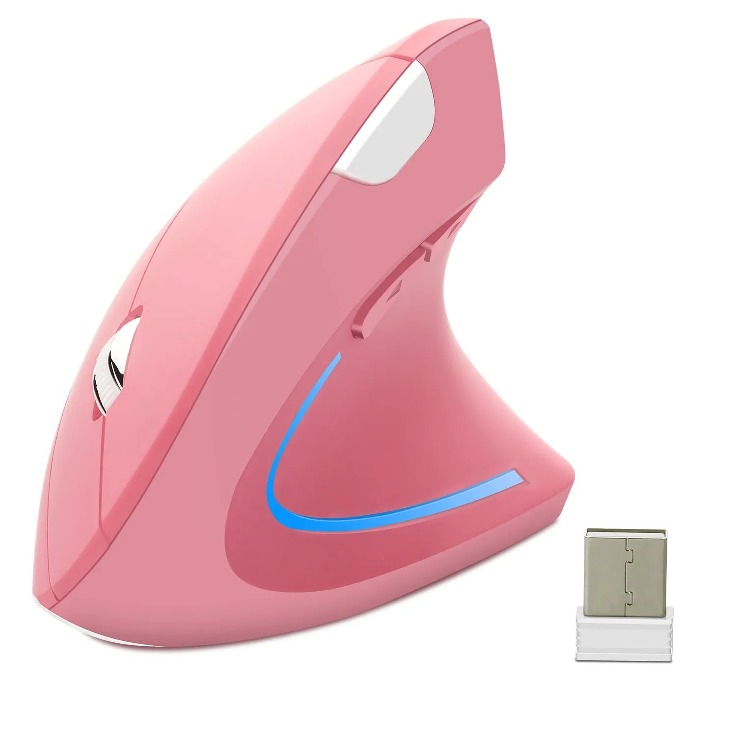 Vertical ergonomic wireless mouse in pink with six buttons and USB receiver