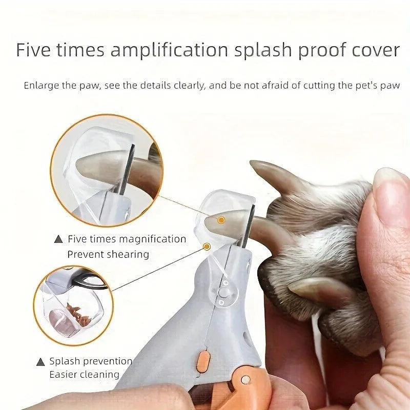 Yellow LED pet nail trimmer with magnifying glass and nail catcher for trimming cat and dog claws