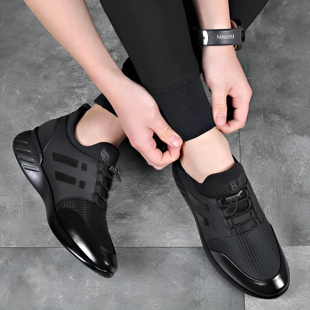 Men's black casual shoes with a hidden heel lift, shown in leather, mesh, and Lycra upper options.