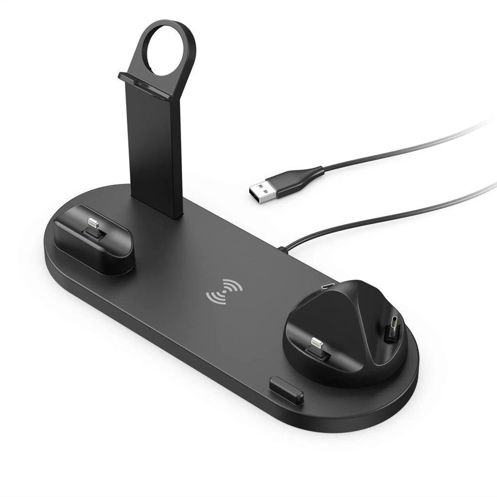 Black multi-device charging stand holding a mobile phone, headphones, and a watch with 15W wireless charging.