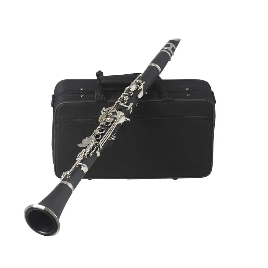 Black Bakelite beginner clarinet with nickel keys and included protective carrying bag