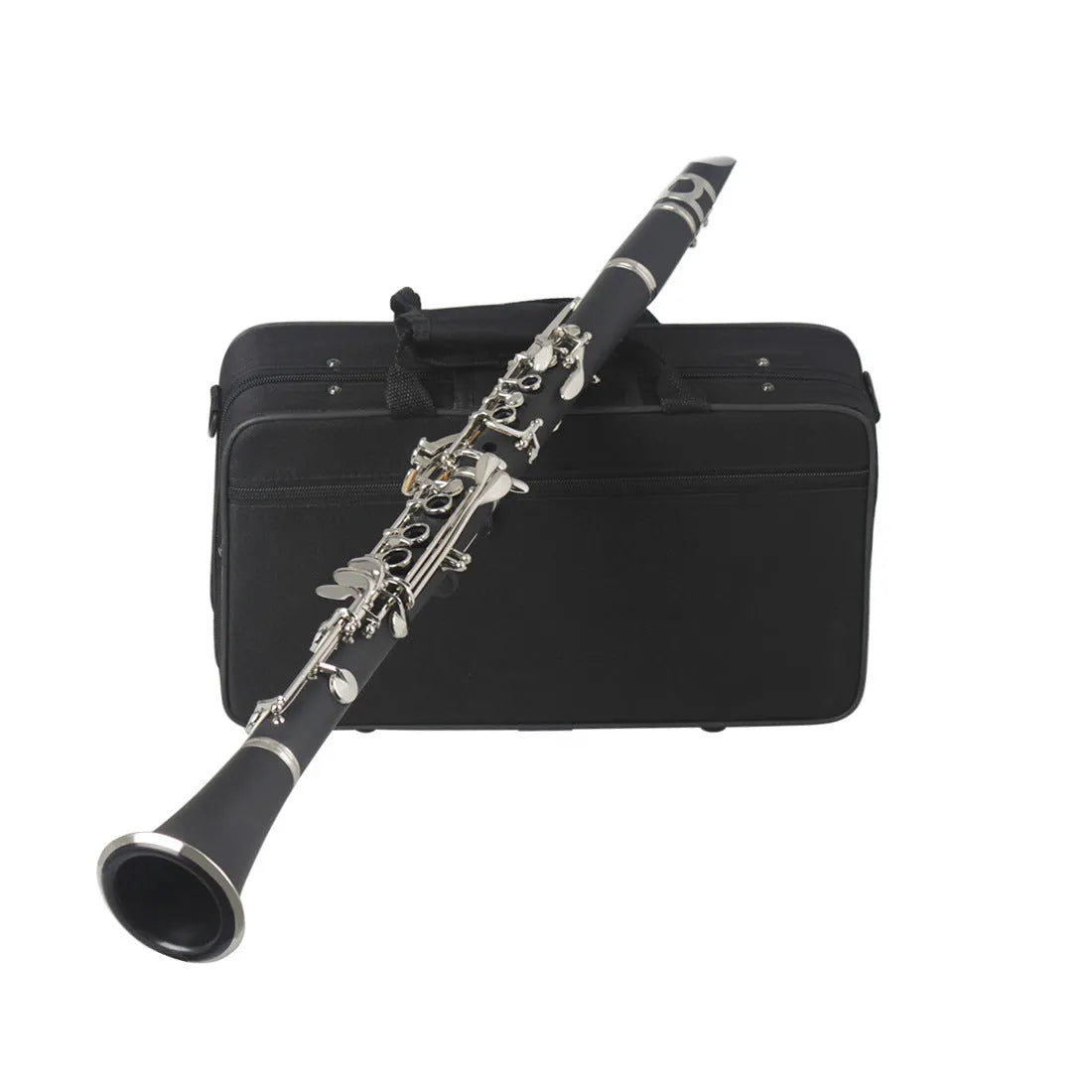 Black Bakelite beginner clarinet with nickel keys and included protective carrying bag