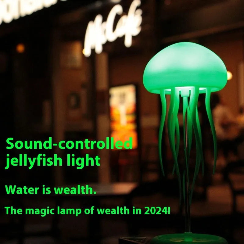 Jellyfish mood lamp with LED lights and adjustable tentacles on desk