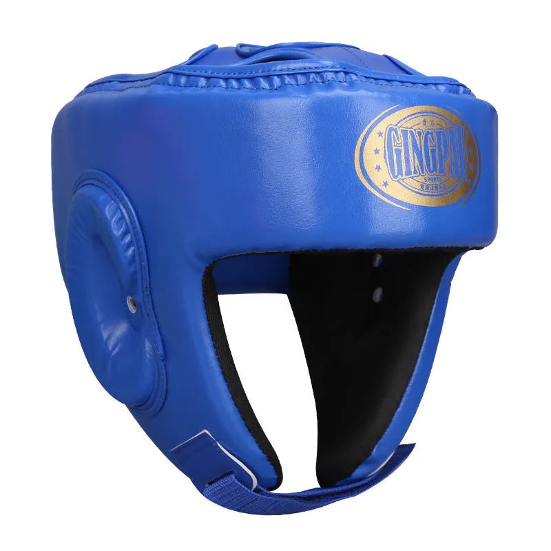 Red fully enclosed boxing helmet with integrated jaw protector for combat sports training