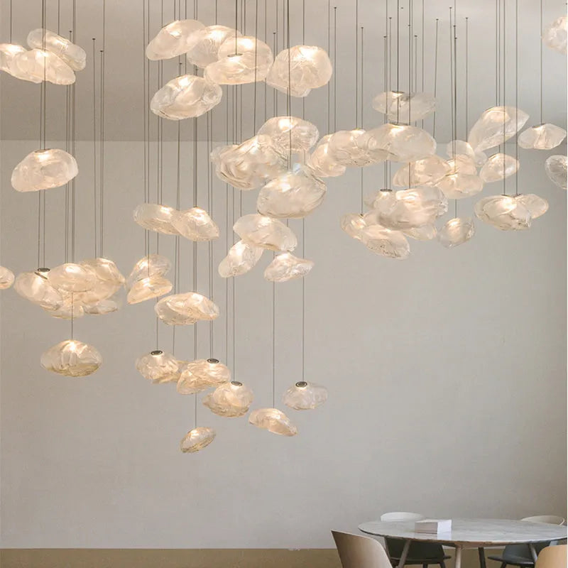 Modern glass chandelier with LED lighting in amber, clear or smoke grey colour options