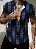 Men's slim-fit geometric line print short sleeve lapel cardigan shirt.