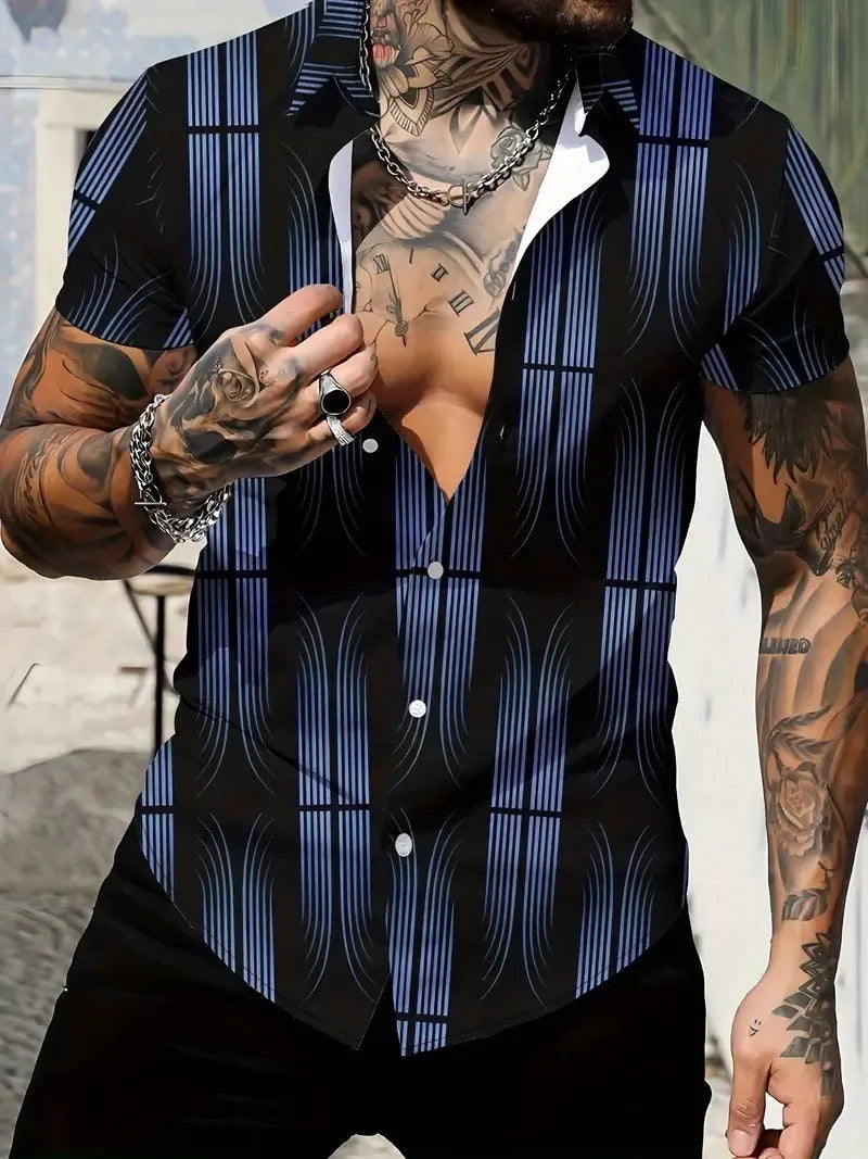 Men's slim-fit geometric line print short sleeve lapel cardigan shirt.