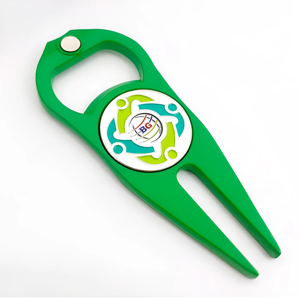 Zinc alloy golf putting tool with ball yoke, turf fork and bottle opener in black green silver options