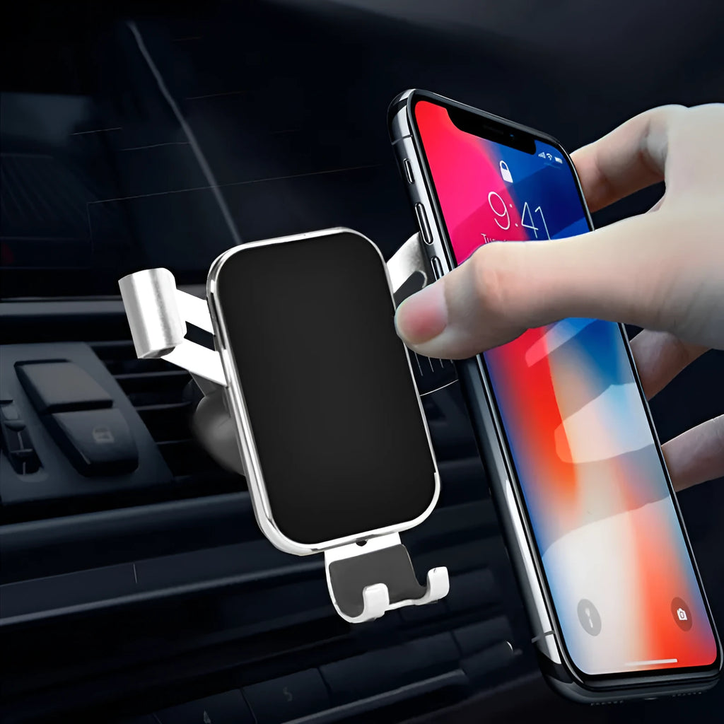 Aluminium alloy car phone holder with electroplated finish, shown in black, blue, red, or silver