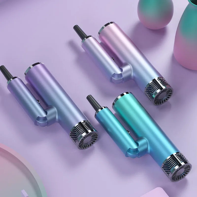 Green foldable hair dryer with collapsed handle for compact storage