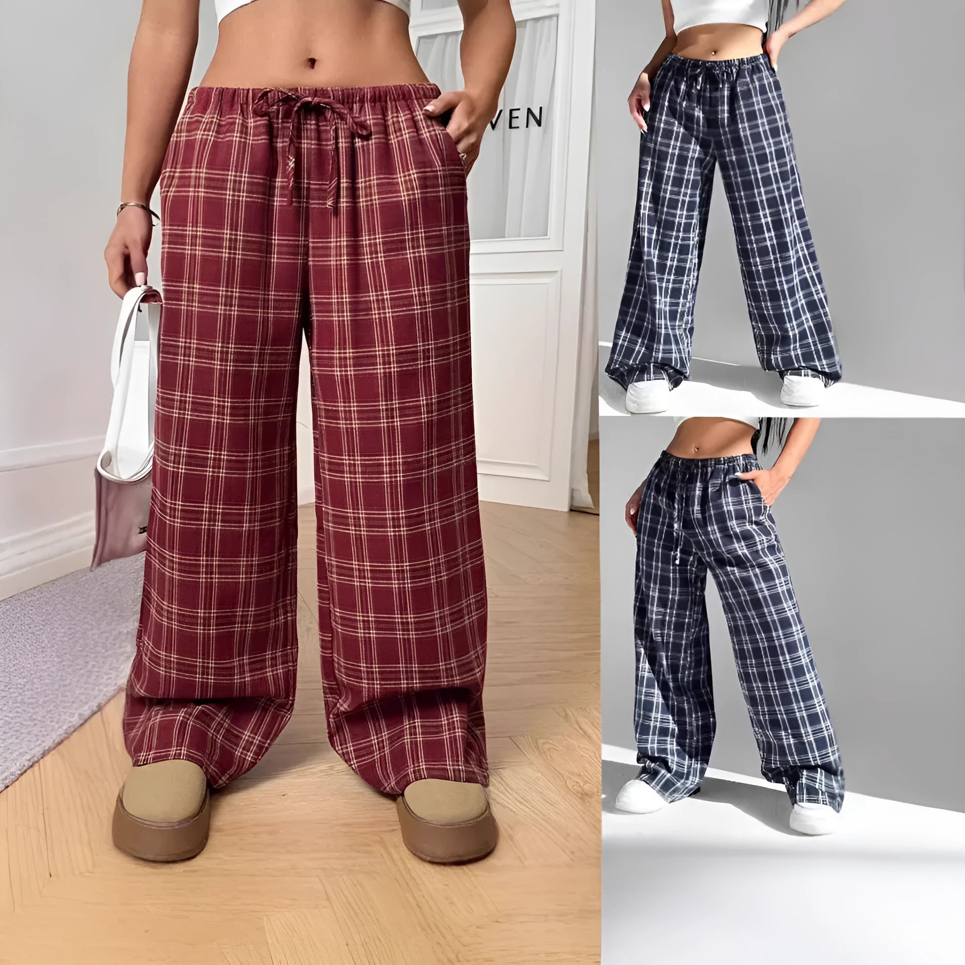 Women's casual trousers with drawstring waist and plaid pockets in blue or red colour options
