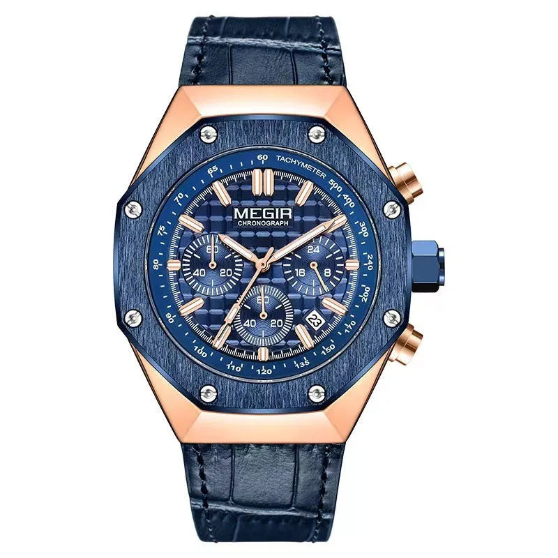 Men's waterproof quartz analogue watch with a steel belt, shown in blue, black, and rose gold-edge colour options.