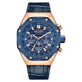 Men's waterproof quartz analogue watch with a steel belt, shown in blue, black, and rose gold-edge colour options.