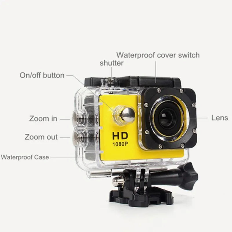 HD 1080P waterproof action sports camera in black with 140-degree wide-angle lens and 30m depth rating