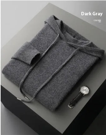 Men's light grey cashmere knitted hoodie and trousers casual winter set.