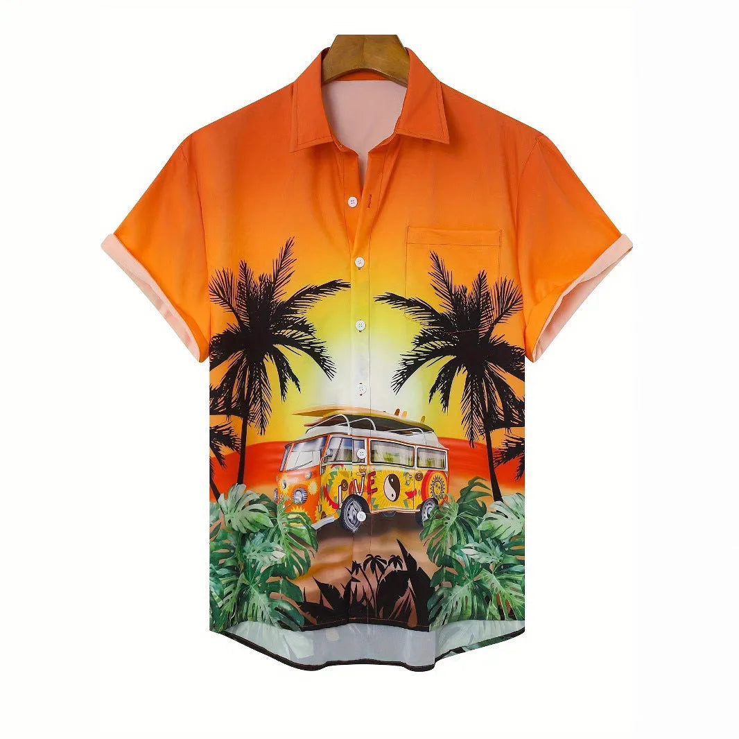 Men's 3D printed floral pattern short sleeve shirt in loose cardigan style