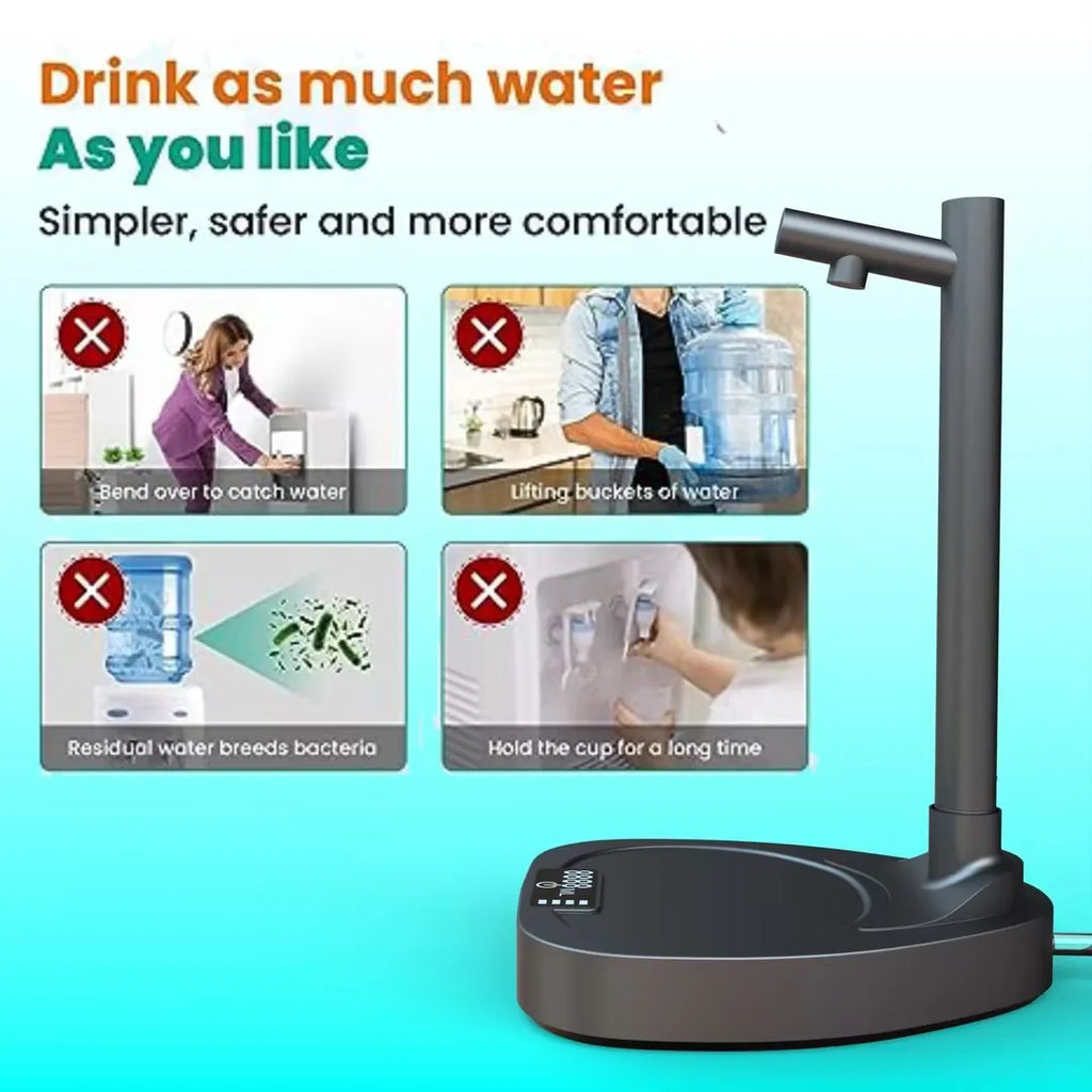 White and blue automatic desktop water dispenser pump with stand and extension pipe.