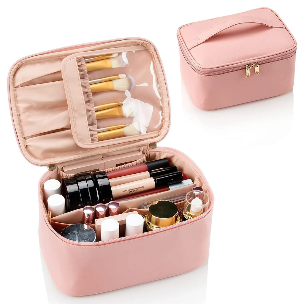 Large capacity black cosmetic bag with cotton outer and nylon lining, ultra light portable handbag for makeup and toiletries