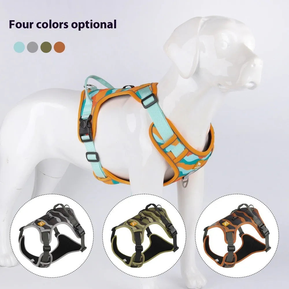 Orange reflective dog chest and back harness lead for walking safety.