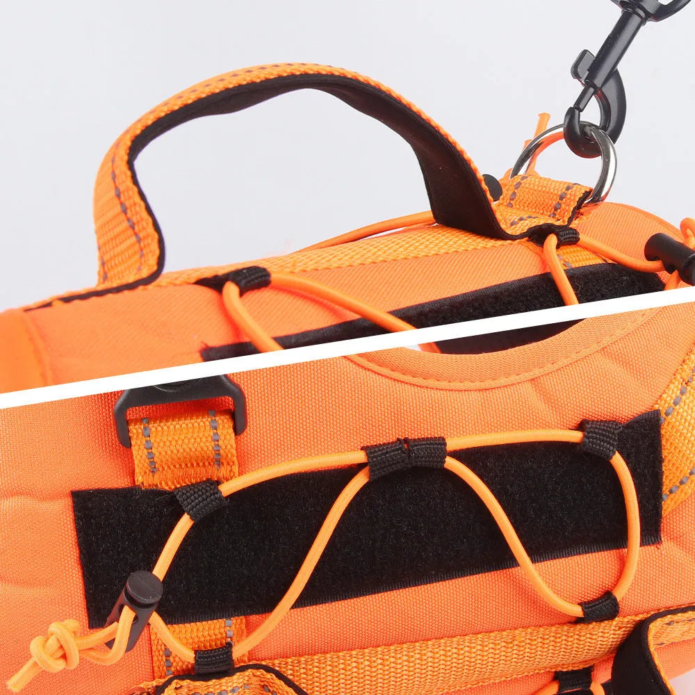 Explosion-proof reflective dog harness with an attached hand-holding rope in orange colour.