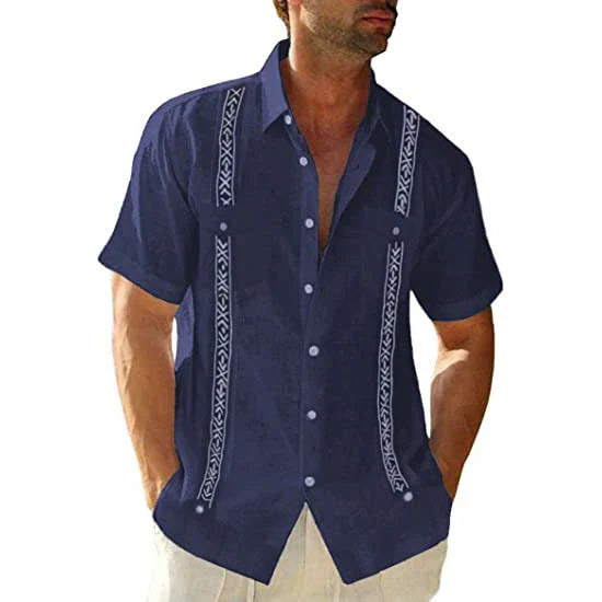 Comfortable Casual Cuban-Style Guayabera Shirt for Men in Red, Navy Blue, White, and Army Green Colors