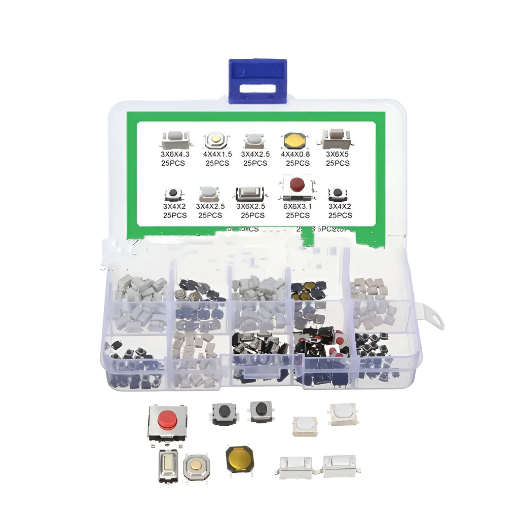 250 SMT tactile push button switches in protective boxed packaging for electronic projects