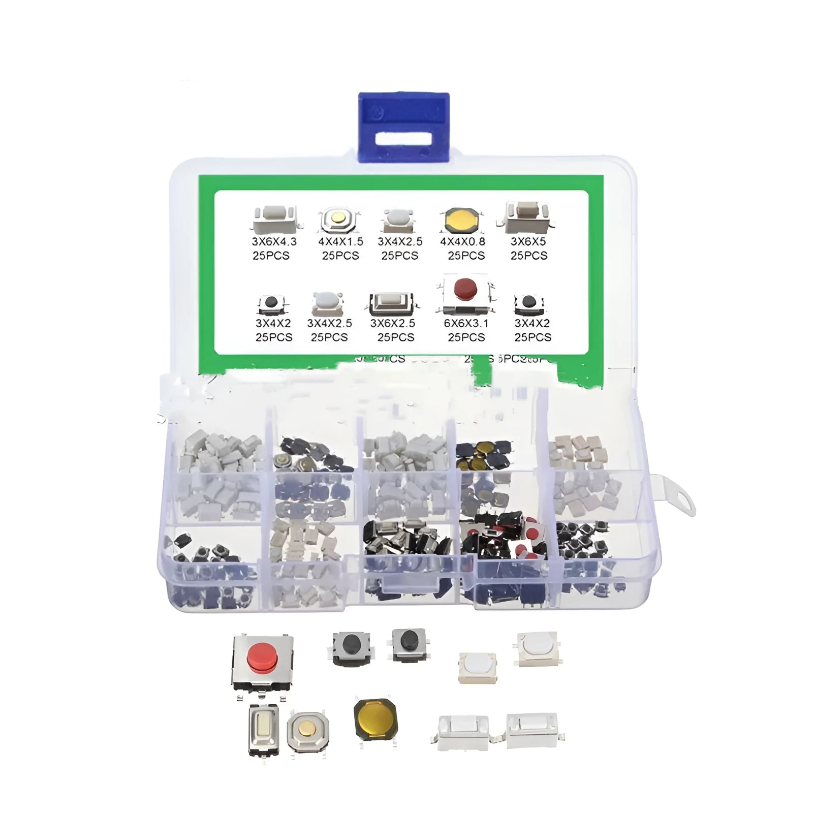 250 SMT tactile push button switches in protective boxed packaging for electronic projects