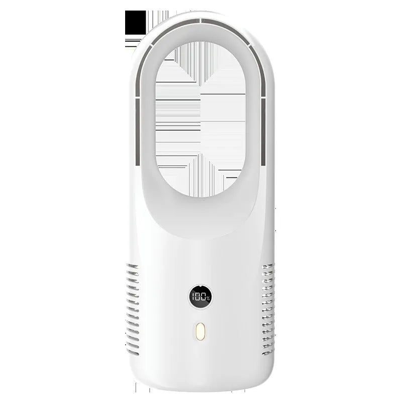 White bladeless desktop fan with LED display, shown on a wooden desk
