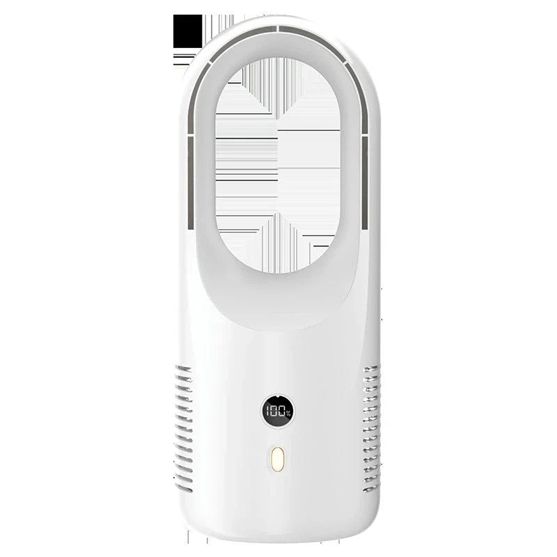 Cordless bladeless desktop fan with 360-degree air circulation, adjustable speed settings, and LED display