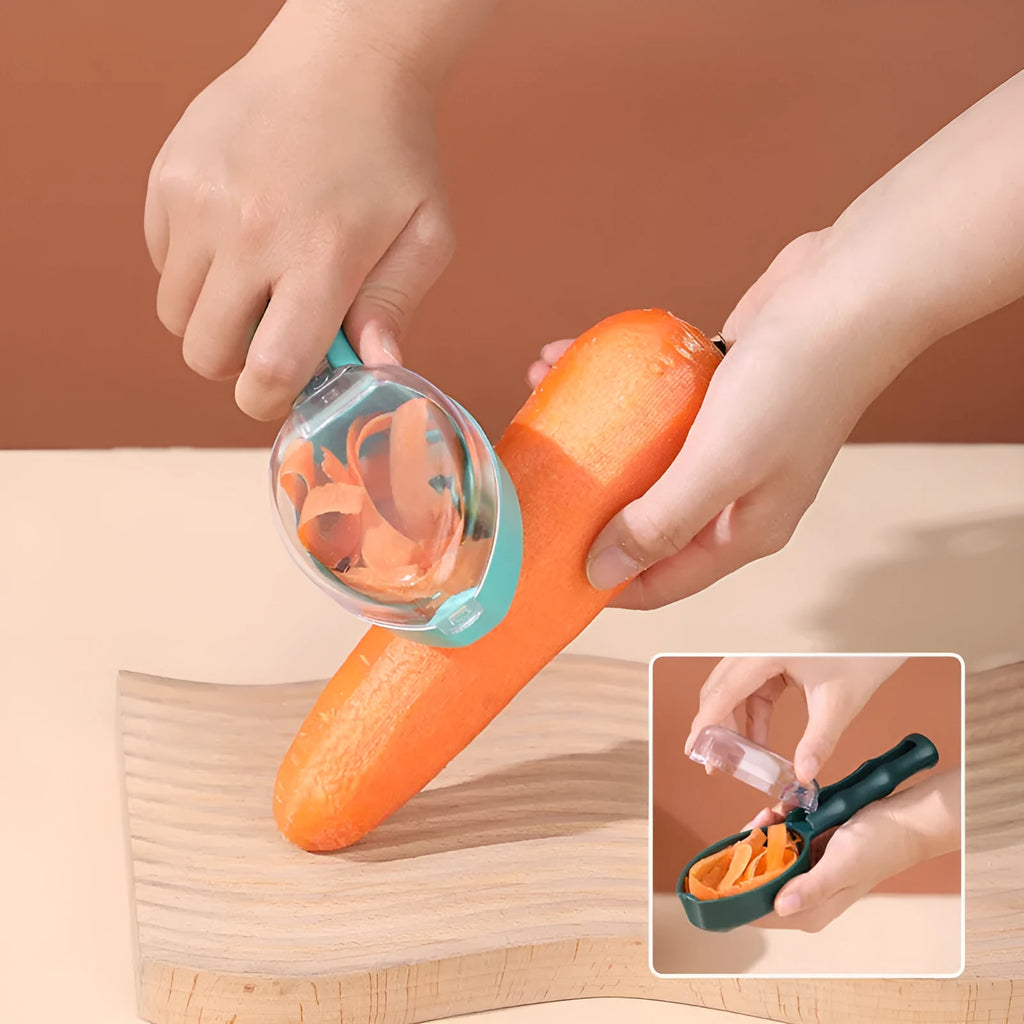 Yellow peeling knife with storage lid showing stainless steel blade and polypropylene handle