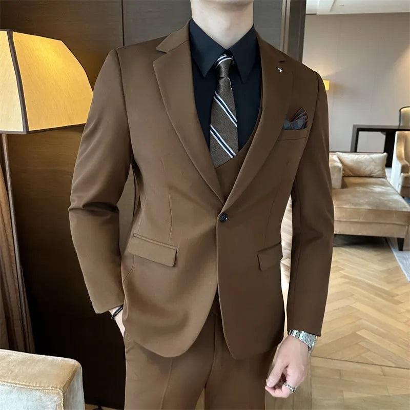 Men's slim fit business suit in dark green, brown, or camel, made from a chemical fibre blend fabric.