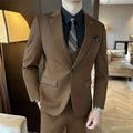 Men's slim fit business suit in dark green, brown, or camel, made from a chemical fibre blend fabric.
