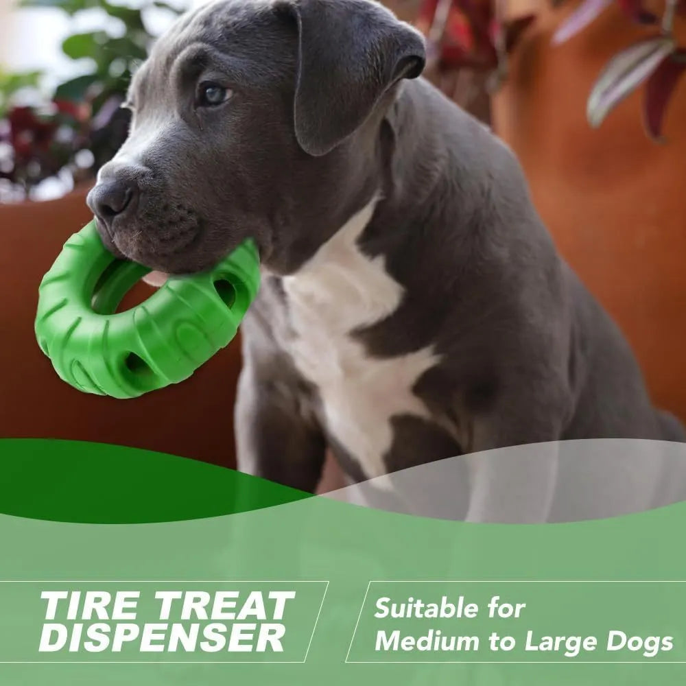 Blue tire-shaped dog chew toy with six oval openings for treat dispensing