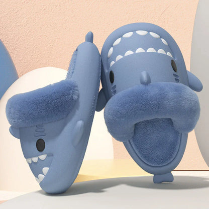 Cozy and stylish shark-themed slippers with plush, fuzzy interior and durable, non-slip outsole for comfortable indoor and outdoor use