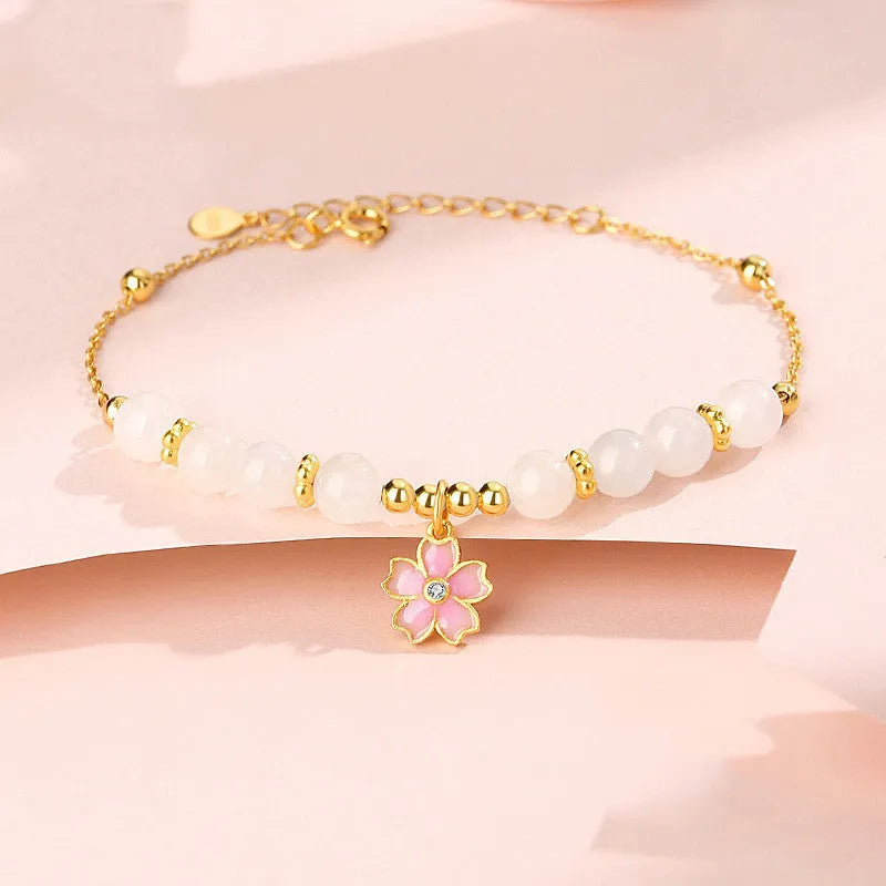 Pink S925 silver bracelet with gradient epoxy cherry blossom pendant and Hetian jade beads