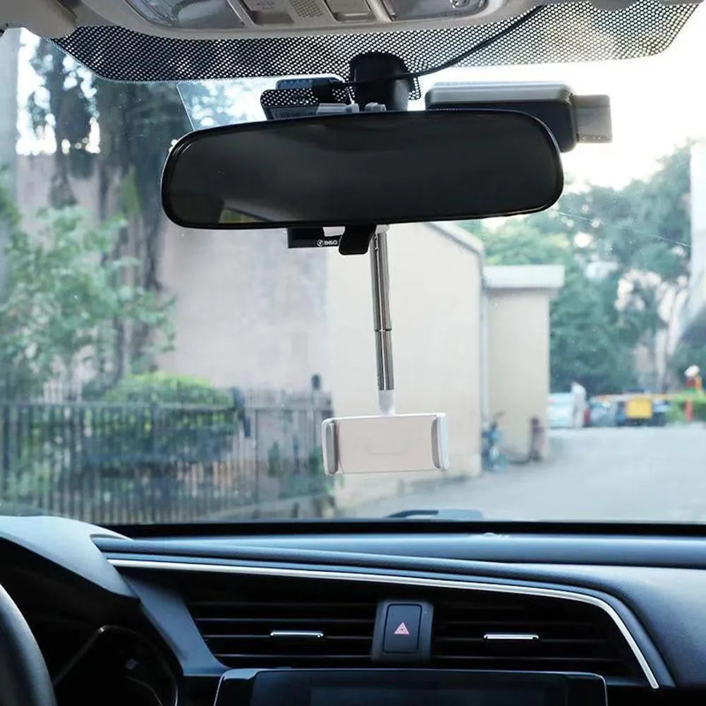 Black car dashboard mobile phone holder showing 360-degree rotation mechanism and foam padding