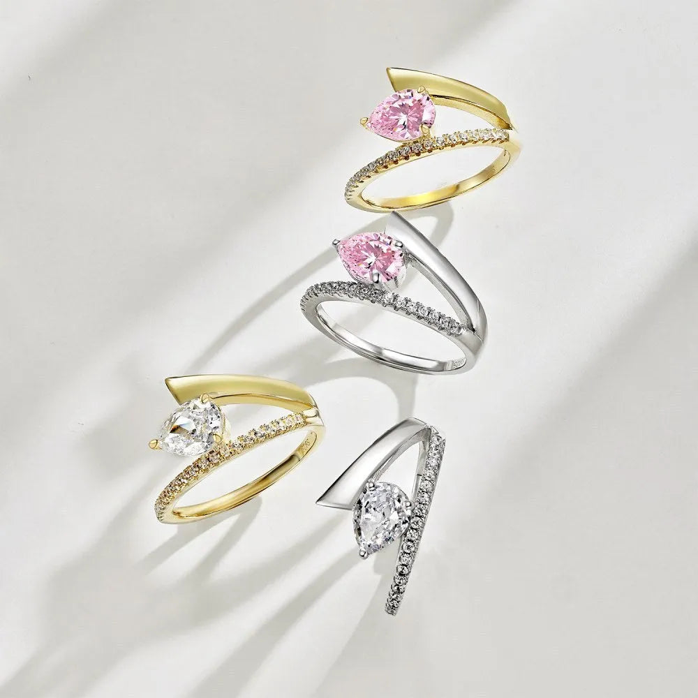 Women's silver water drop diamond ring with electroplated finish, geometric drop shape, golden pink diamond colour option
