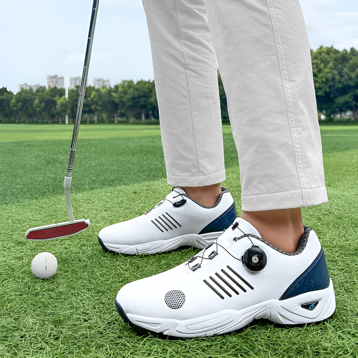 Men's rotating shoelace sports shoes in black, grey, or white, mesh upper, rubber sole, sizes 40-46.