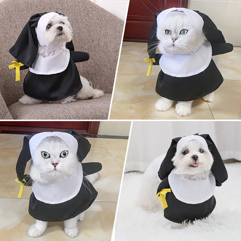 Black polyester nun Halloween costume for cats and dogs with free-size fitting