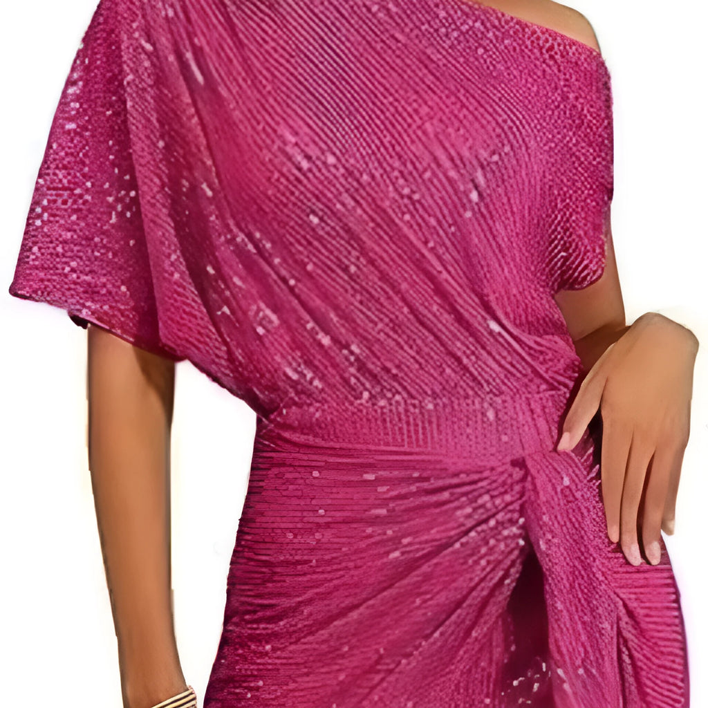 Women's one shoulder sequined shiny party dress in solid colour with high waist and pleated skirt