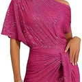 Women's one shoulder sequined shiny party dress in solid colour with high waist and pleated skirt