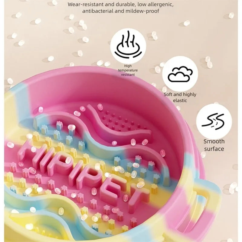 Colourful silicone slow food bowl with double-ear handles and maze interior for dogs and cats