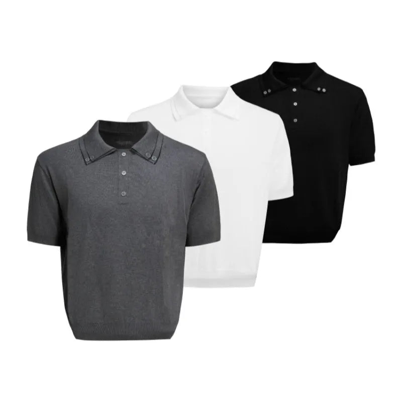 Man wearing a grey slim knit short sleeve shirt with a double lapel collar design.