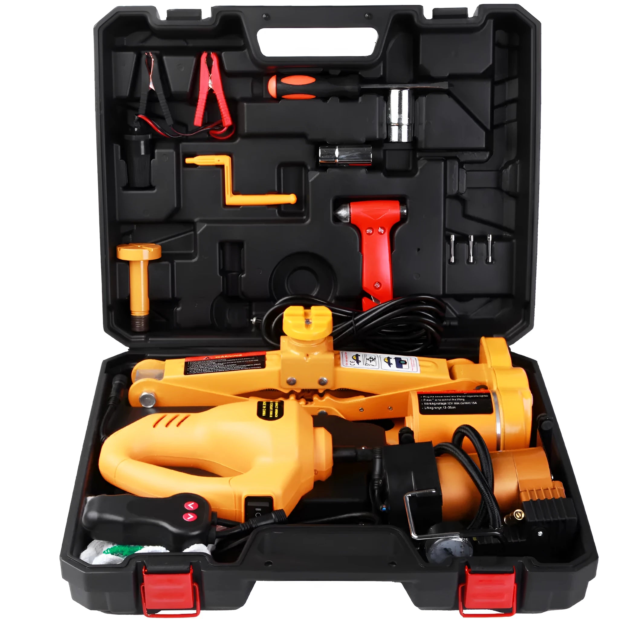 Yellow steel electric car jack set with 12V power and electric wrench for vehicle tyre changes