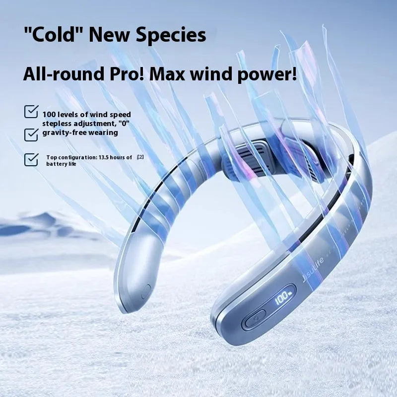Silver grey hanging neck fan with no-blade design and USB charging port